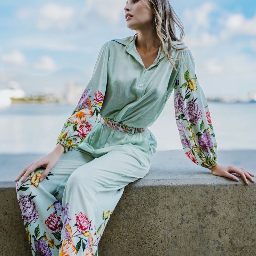 Mint Floral Wide-Leg Pantsuit